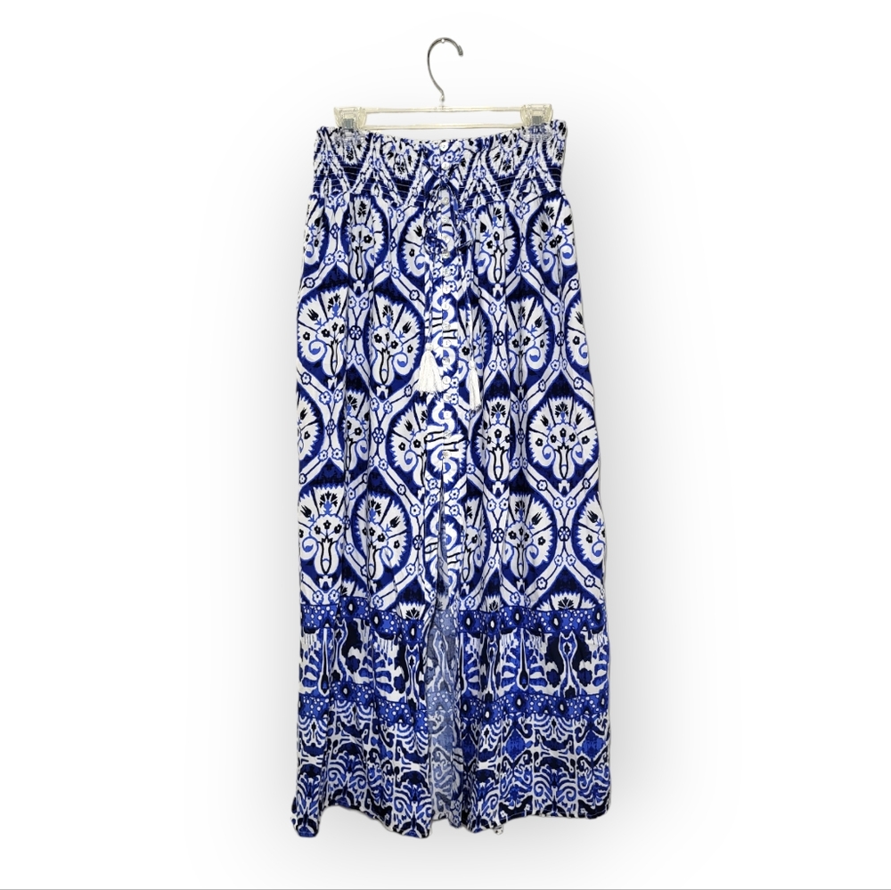 Haute Hippie Blue White Boho Maxi Skirt with Front Slit and Buttons Medium